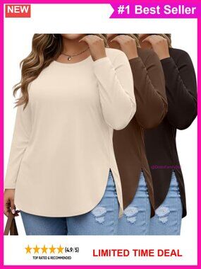 Plus Size Long Sleeve Tunic Tops 3 Pack Crew Neck Curved Hem Slit